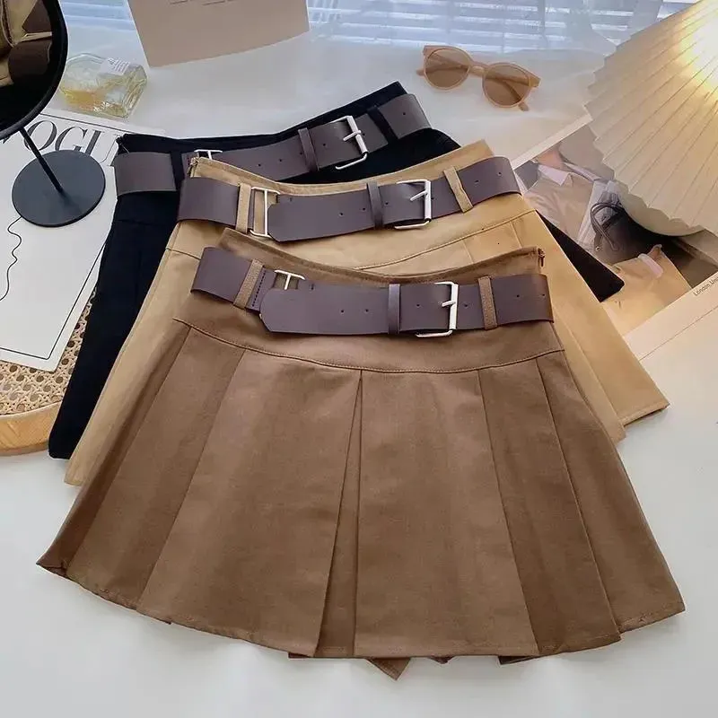 ★KASHIKO★PLEATS POCKET BELT MINI SKIRT Korean High-Waisted Pleated mini skirt with Fashion Belt and