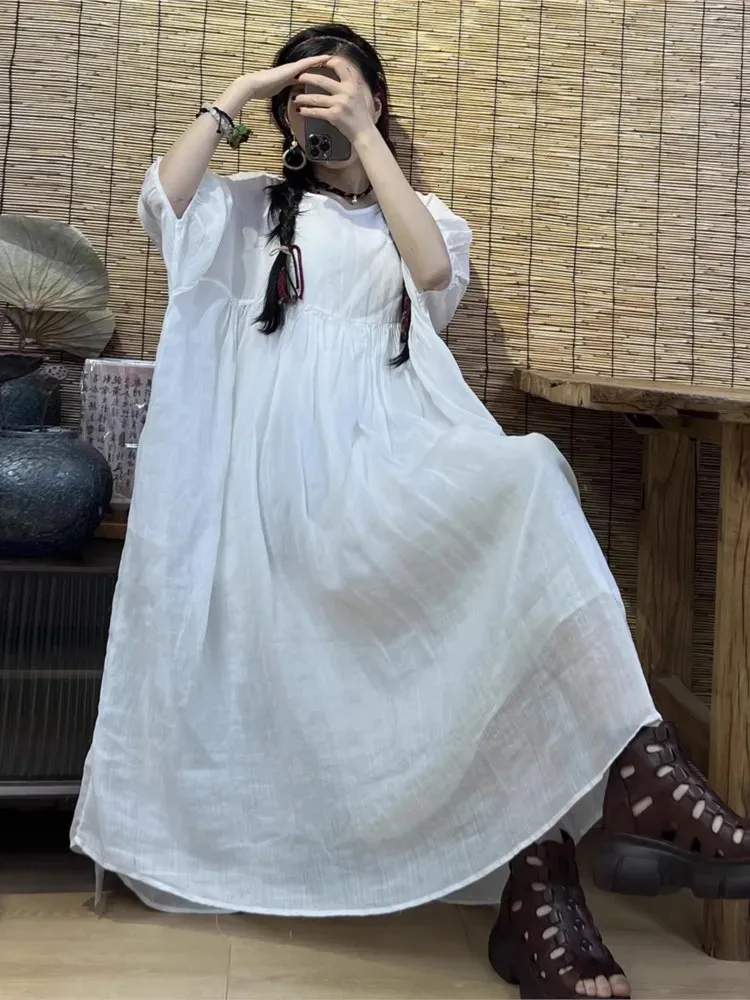 chinese dress ladies 2022 Summer NEW! Women Loose Linen and Cotton Round Neck Middle Sleeve main image 1