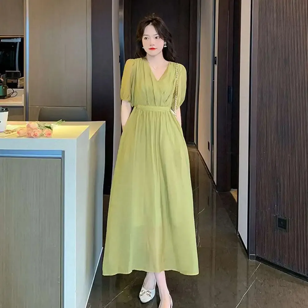 Japanese Summer Maxi Dress - Plus Size 6XL, 150kg, V Neck, Elegant Solid Color, Oversized for Women's Party - 240806