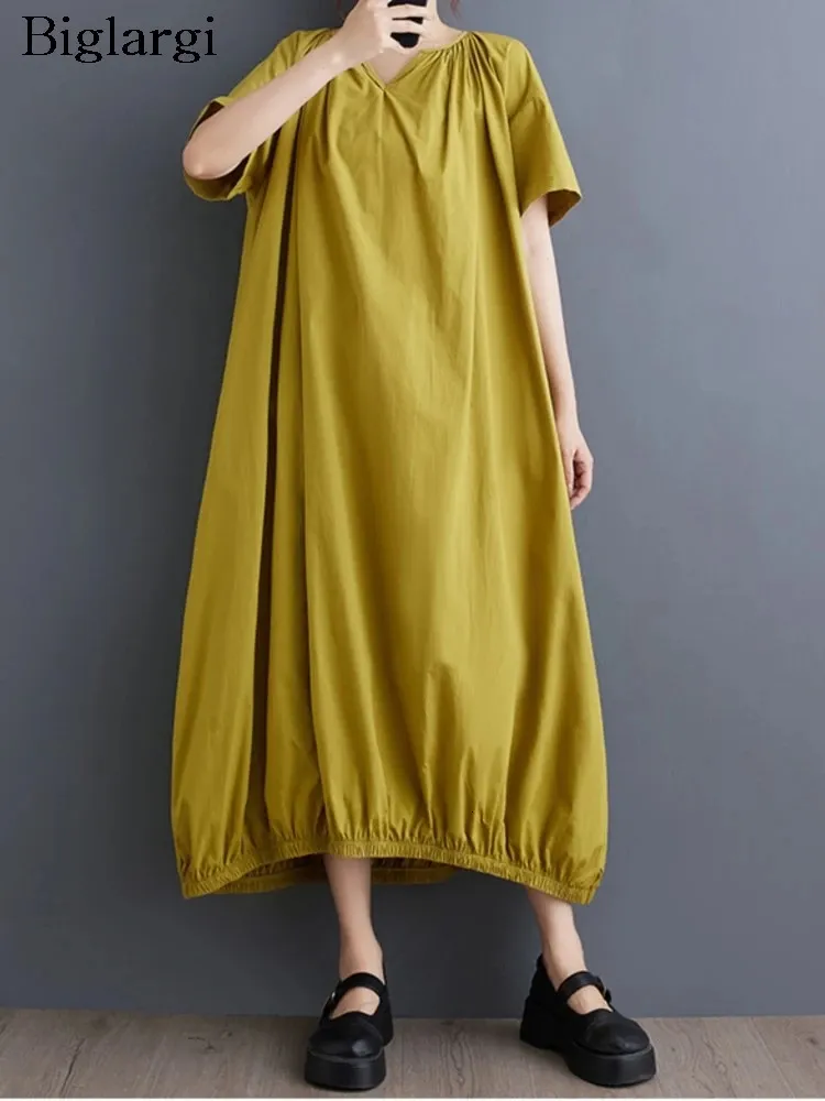 Summer Midi Dress for Women - Oversized Ruffle Pleated A-Line with V-Neck and Short Sleeves - Fashionable and Casual Ladies Dress (240806)