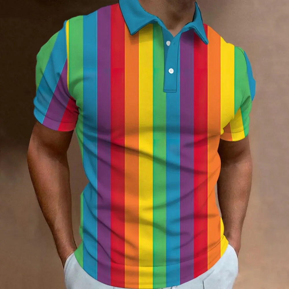 Rainbow Printed Men\u0026#039;s polo polo shirts - Summer Casual Short Sleeved  Loose Oversized Top for Street Fashion i240806