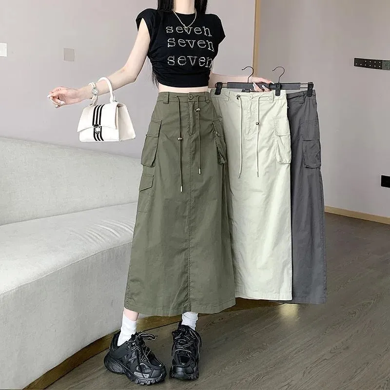 【BAON】Pandos Cotton Cargo Long Skirt Vintage American skirt cargo for Women - High Waist