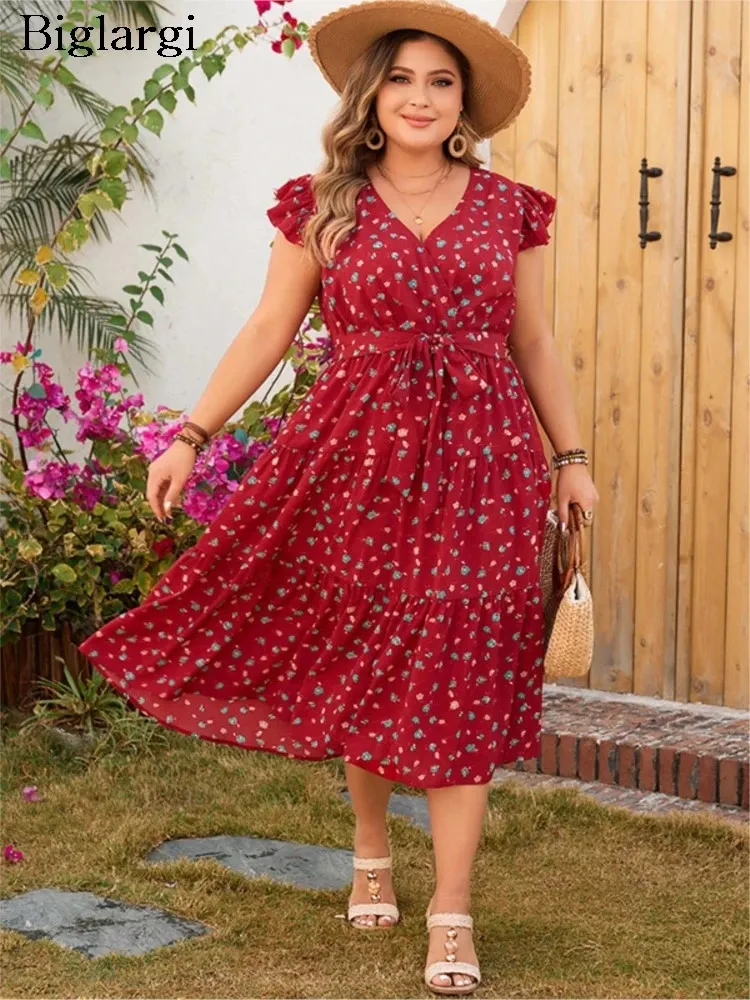 Save Big on Bulk V Neck Floral Midi Dress Plus Size Summer V Neck Midi  Dress Women Flower Print Fashion Loose Ladies Dresses Ruffle Pleated Woman 