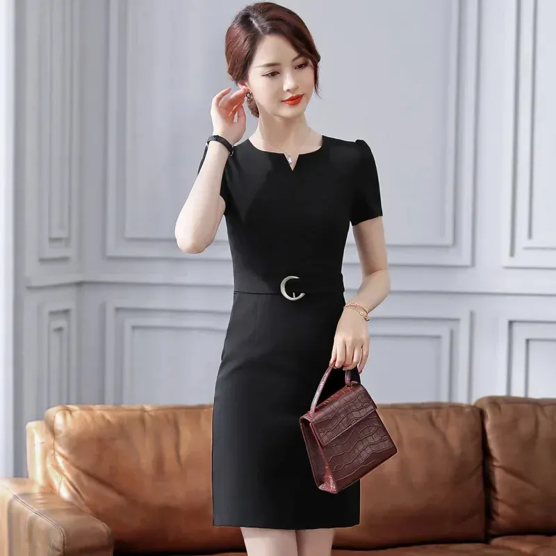 black professional dresses Berylove Women Balck Pencil Work Dress Classic 3/4 Sleeve Business Dress With Belt, Black / US16W main image 1