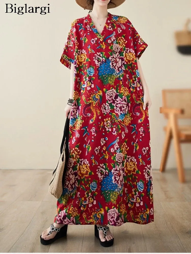 Summer Flower Print V-Neck Dress - Oversized, Loose Fit, Ruffle Detail, Pleated, Short Sleeves - Modis Ladies Dress (240806)