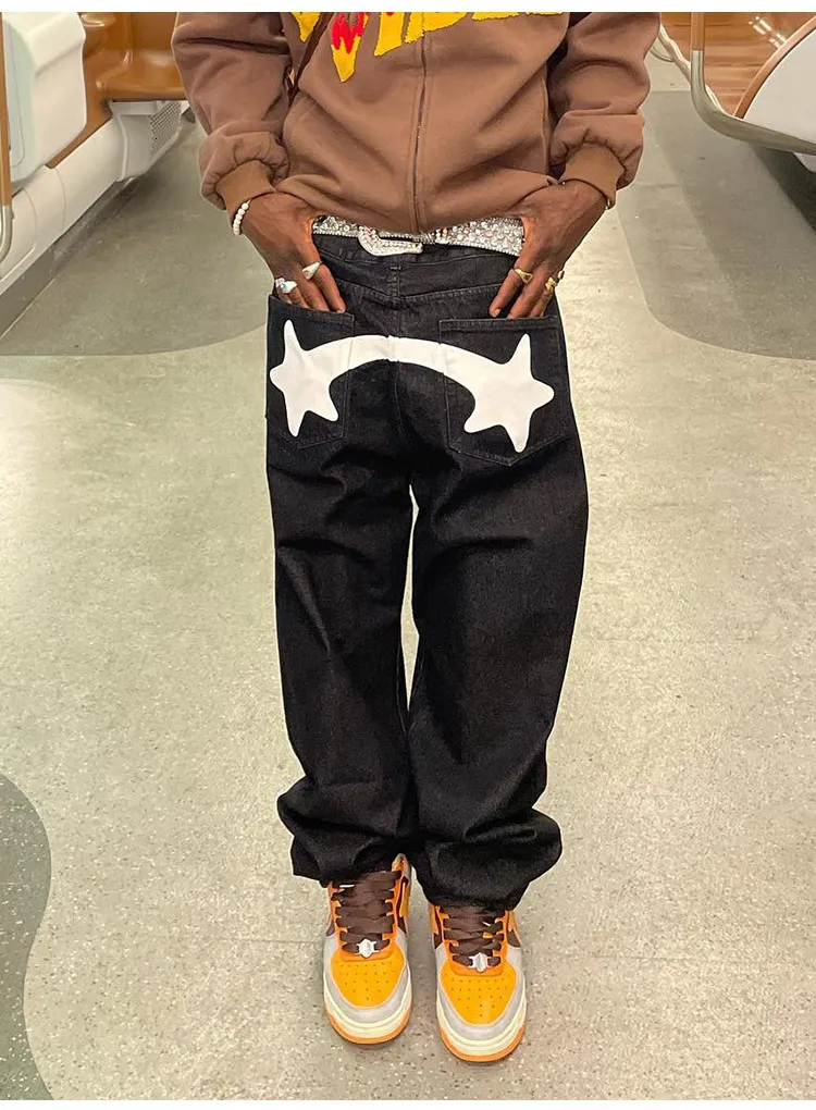 Mens Star Print Loose Fit Hip Hop Long Pants Street Casual Low 