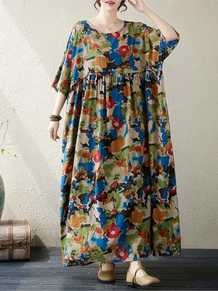 oversized summer dress Oversized Batwing Linen Maxi Dress for Women Summer Elegant Crew Neck Baggy Wedding Guests Dresses with Pockets