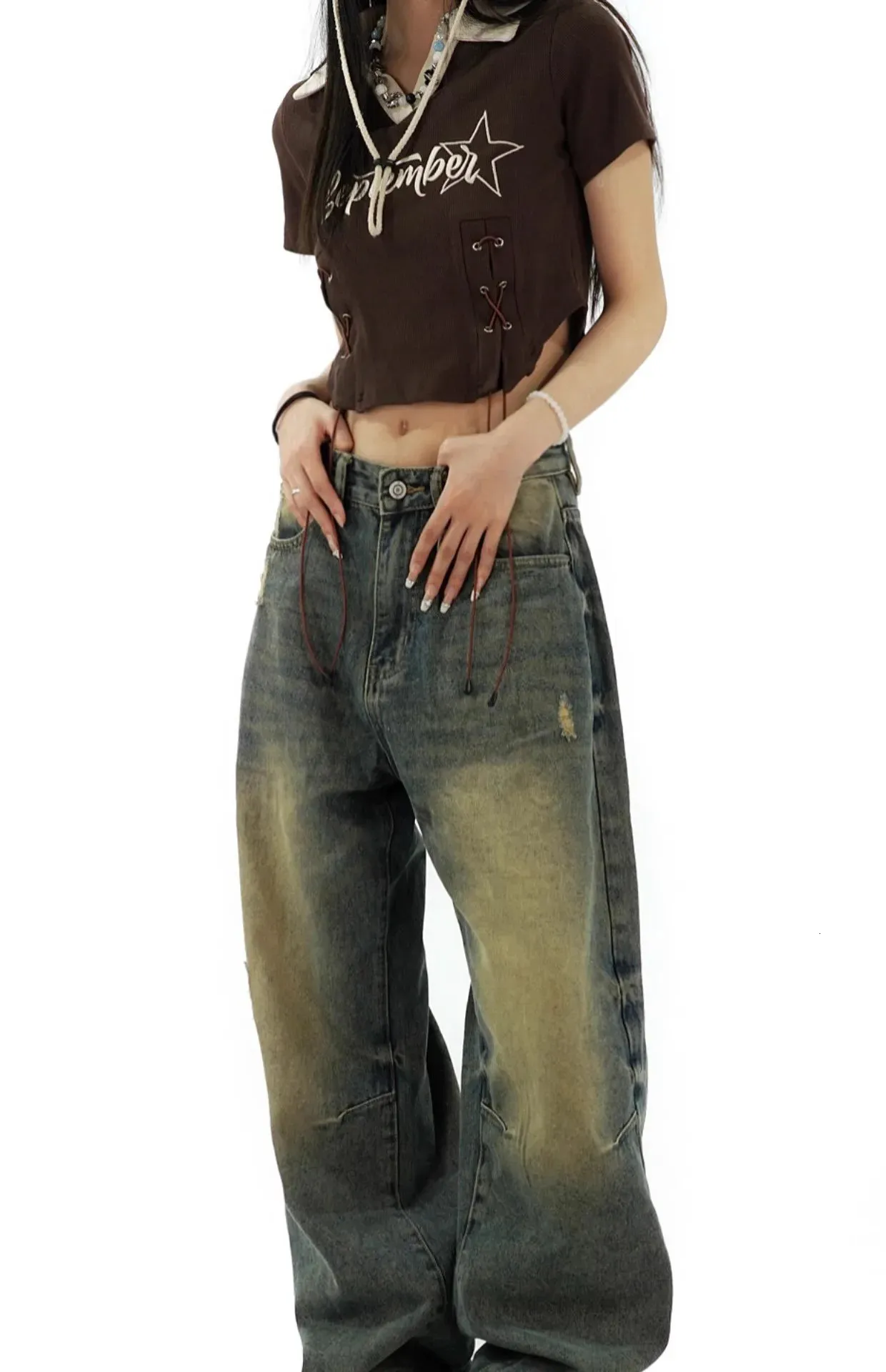 WCFCX STUDIO Y2K Distressed Baggy Jeans Women Vintage 90s Oversize 