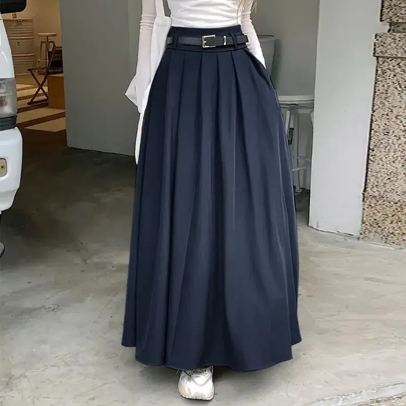 【WOOHWA】LAND PLEATS LONG SK Vintage Korean High Waist Pleated Swing long skirts for
