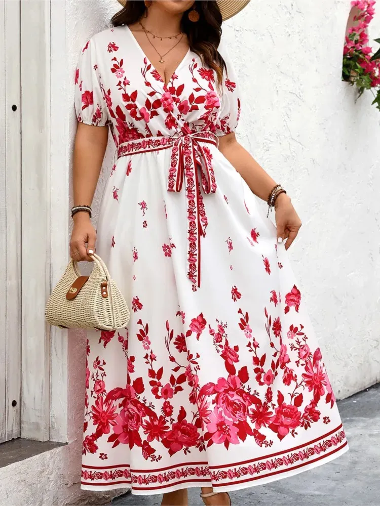 Flower Floral Modis Lantern Sleeve dress - Plus Size Summer V-Neck Long dress with Loose Ruffle and Pleated for Women (240806)