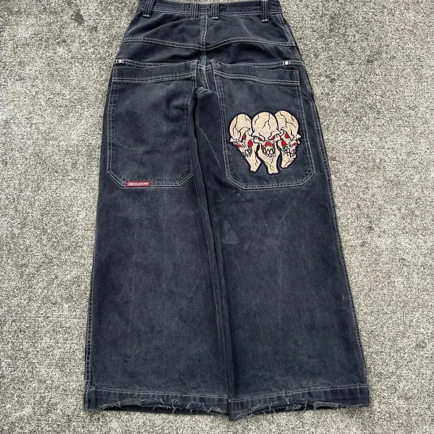 Three Skulls Denim Jeans Mens Retro Baggy Low Rise Black Straight 