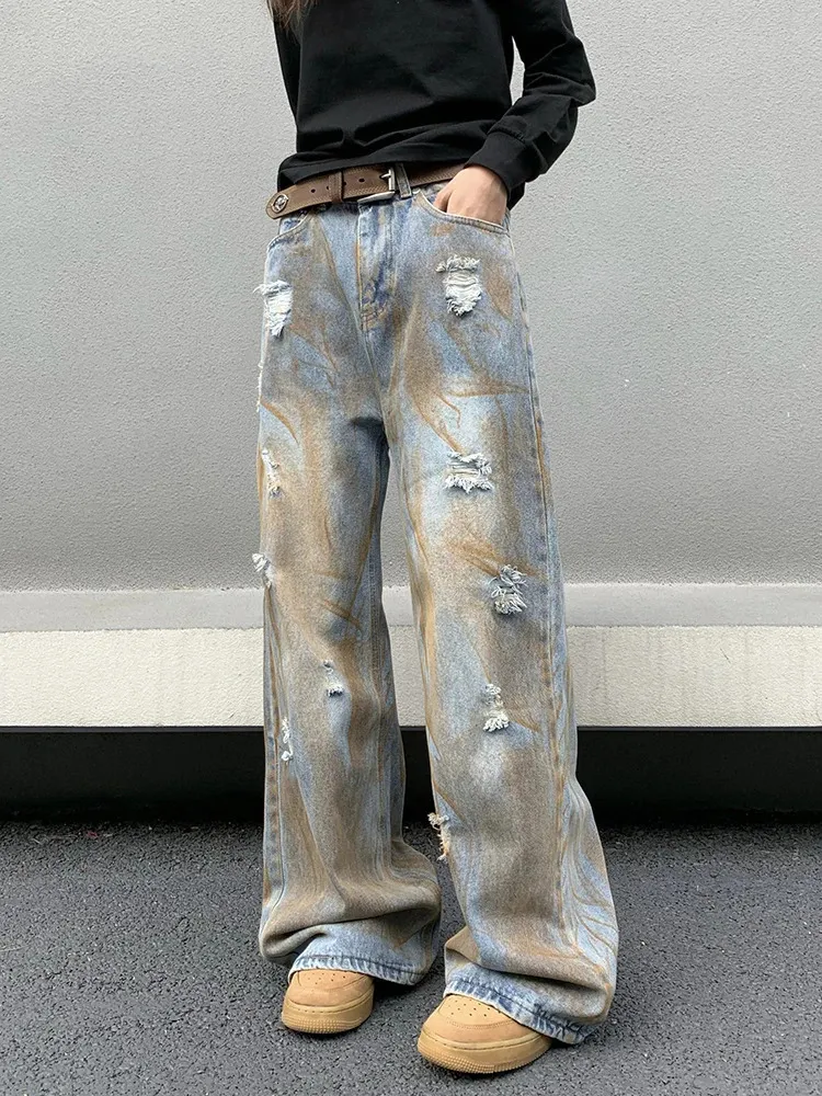 【QUALISARTIFPEREO】DIRTY BAGGY PANTS Dirty Wash Blue Baggy Jeans: Loose Fit, Wide Leg Trousers