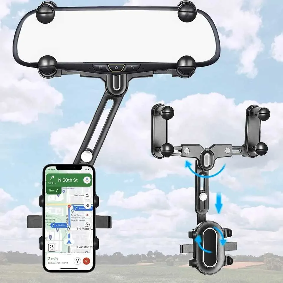 Universal 360° Rotation Car Rear View Mirror Mount – Hands-Free GPS & Cell Phone Holder With 1-Year Warranty