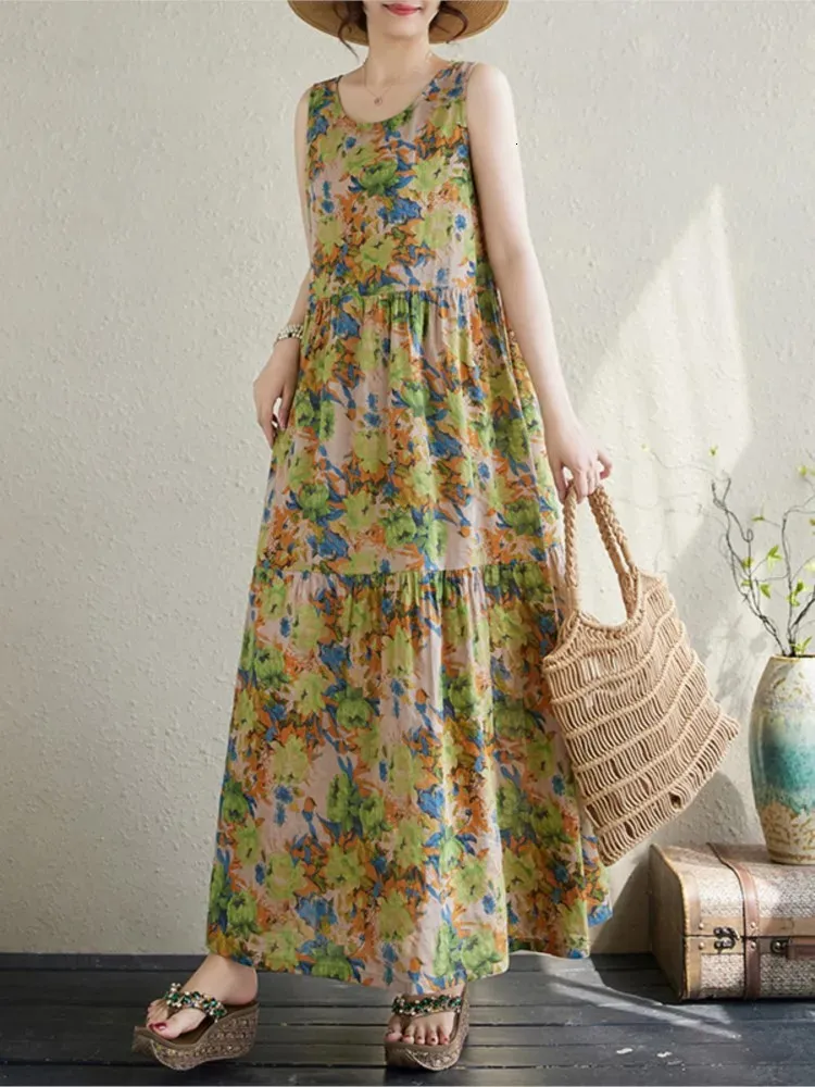 Floral Print Oversized Sleeveless Vest dress with Ruffle Detail and Pleated Loose Fit for Women - Perfect for Summer Fashion (240806)