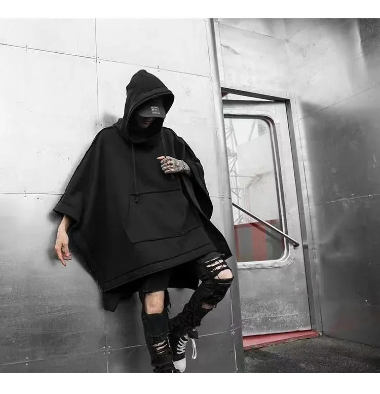 Mens Black Gothic Trench Coat Hoodie Japanese Streetwear