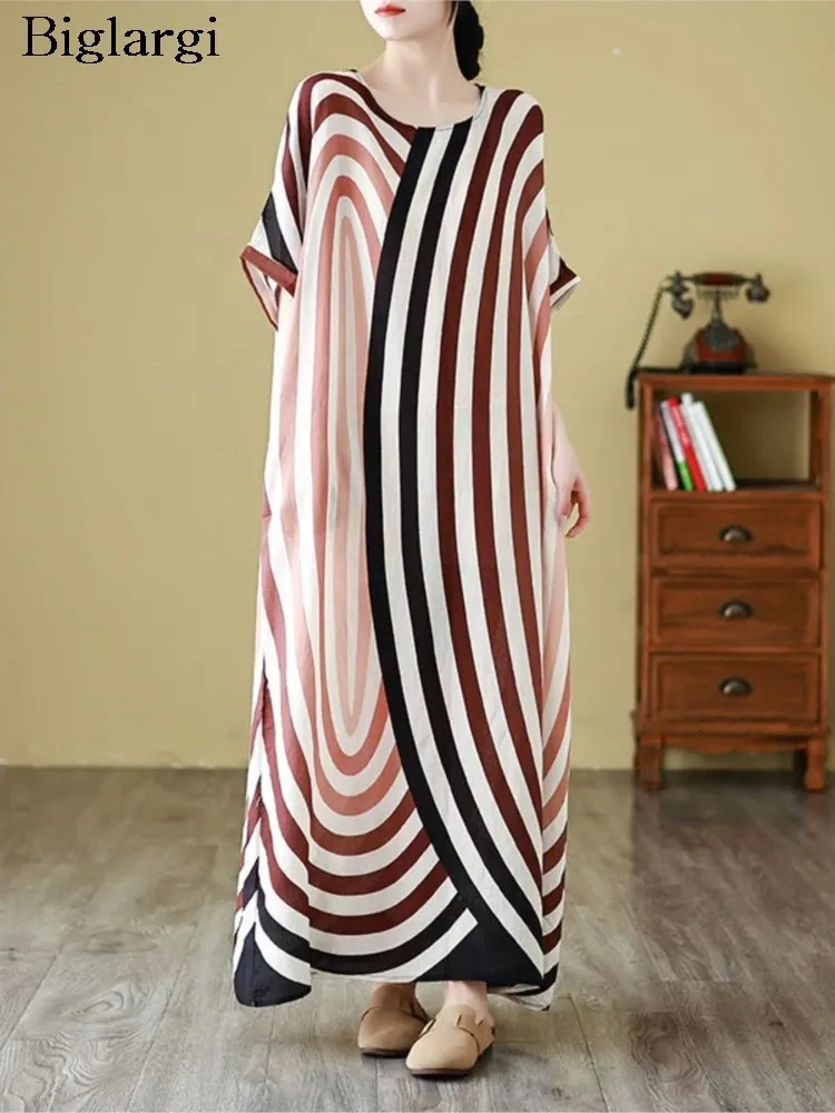 Bohemian Style Oversized Summer Dress Women Striped Print Fashion Ladies Dresses Short Sleeve Loose Pleated Casual Woman Dress 240806