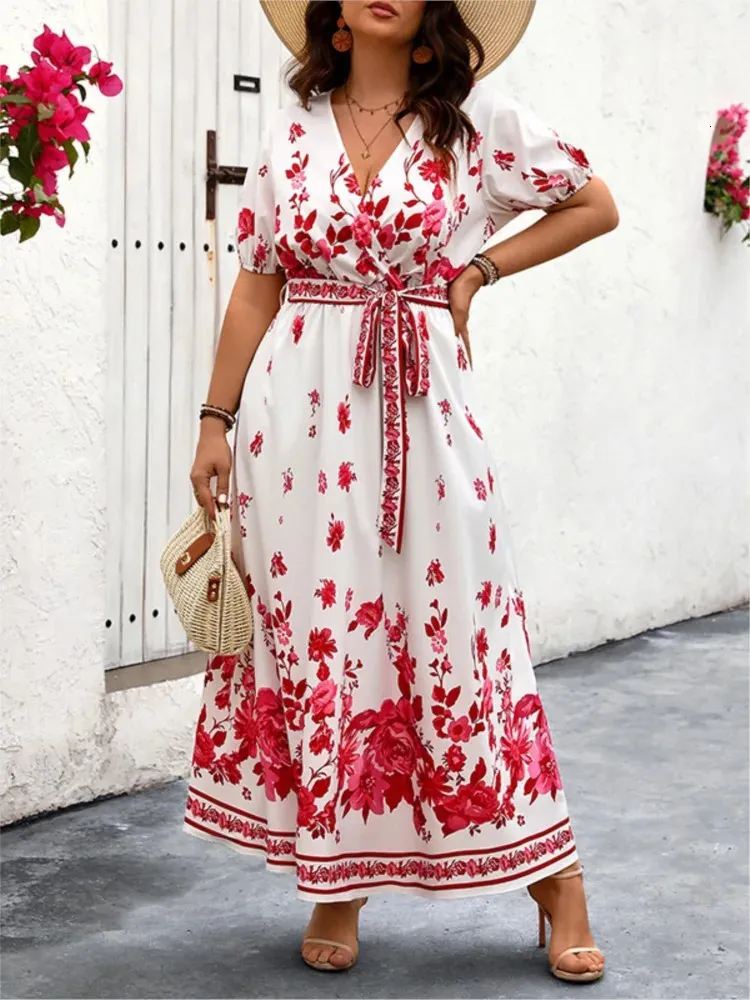 Flower Floral Modis Lantern Sleeve dress - Plus Size Summer V-Neck Long dress with Loose Ruffle and Pleated for Women (240806)