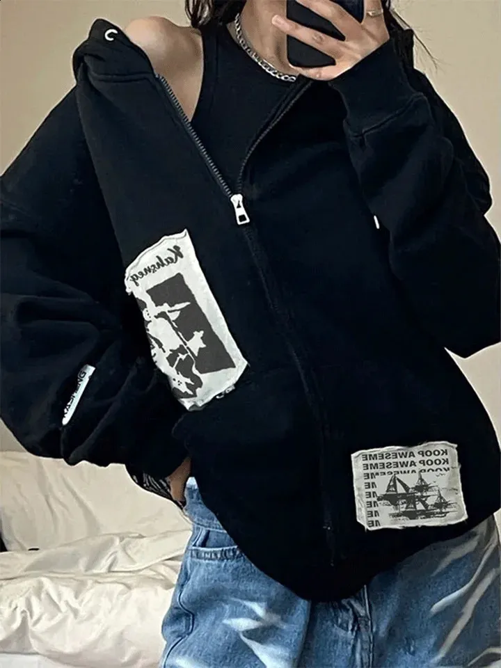 Retro Patch Zip Up Hoodie: Autumn Fashion Y2K Harajuku