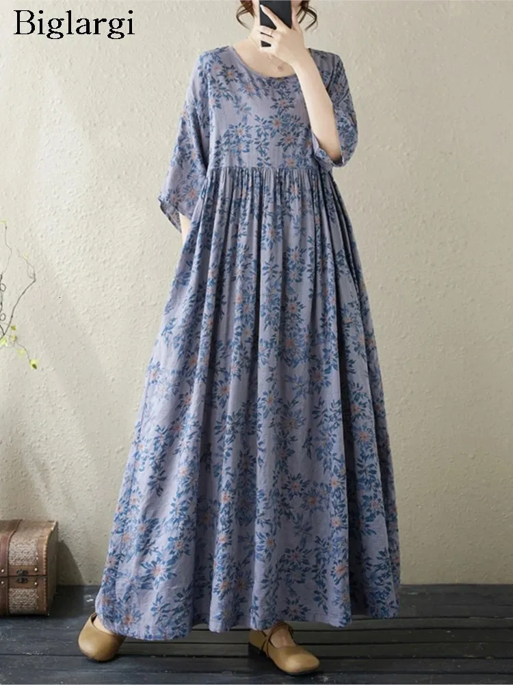 Oversized Summer Long Dress Women Floral Print Fashion Short Sleeve Ladies Dresses Casual Loose Ruffle Pleated Woman Dress 240806