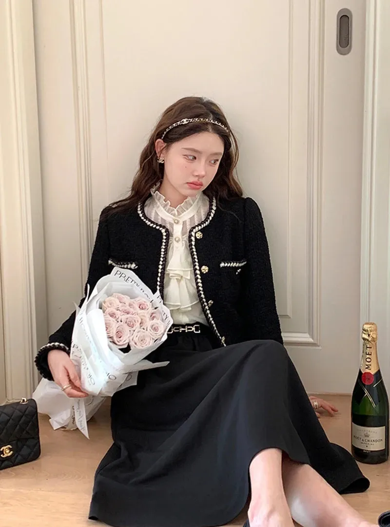 Womens Vintage Tweed Cropped Jacket Elegant Black Coat, Warm