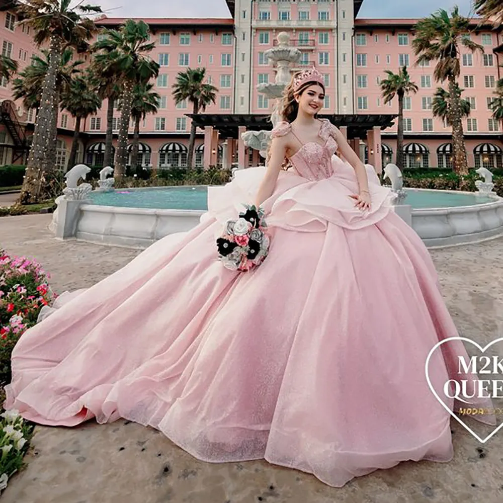 Ruffles Ball Gown Quinceanera Dress Pink Pleats Spaghetti Strap Puffy Sweet 16 Dresses c3092