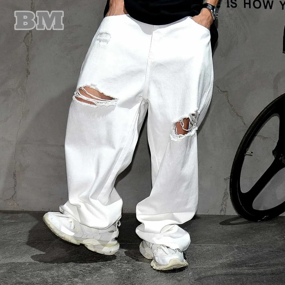 Save Big on Bulk Male White Ripped Jeans Mens Ripped Jeans: High Quality  White Baggy Denim Men's Trousers Korean Streetwear Style, Hip Hop  Skateboard - Main Image