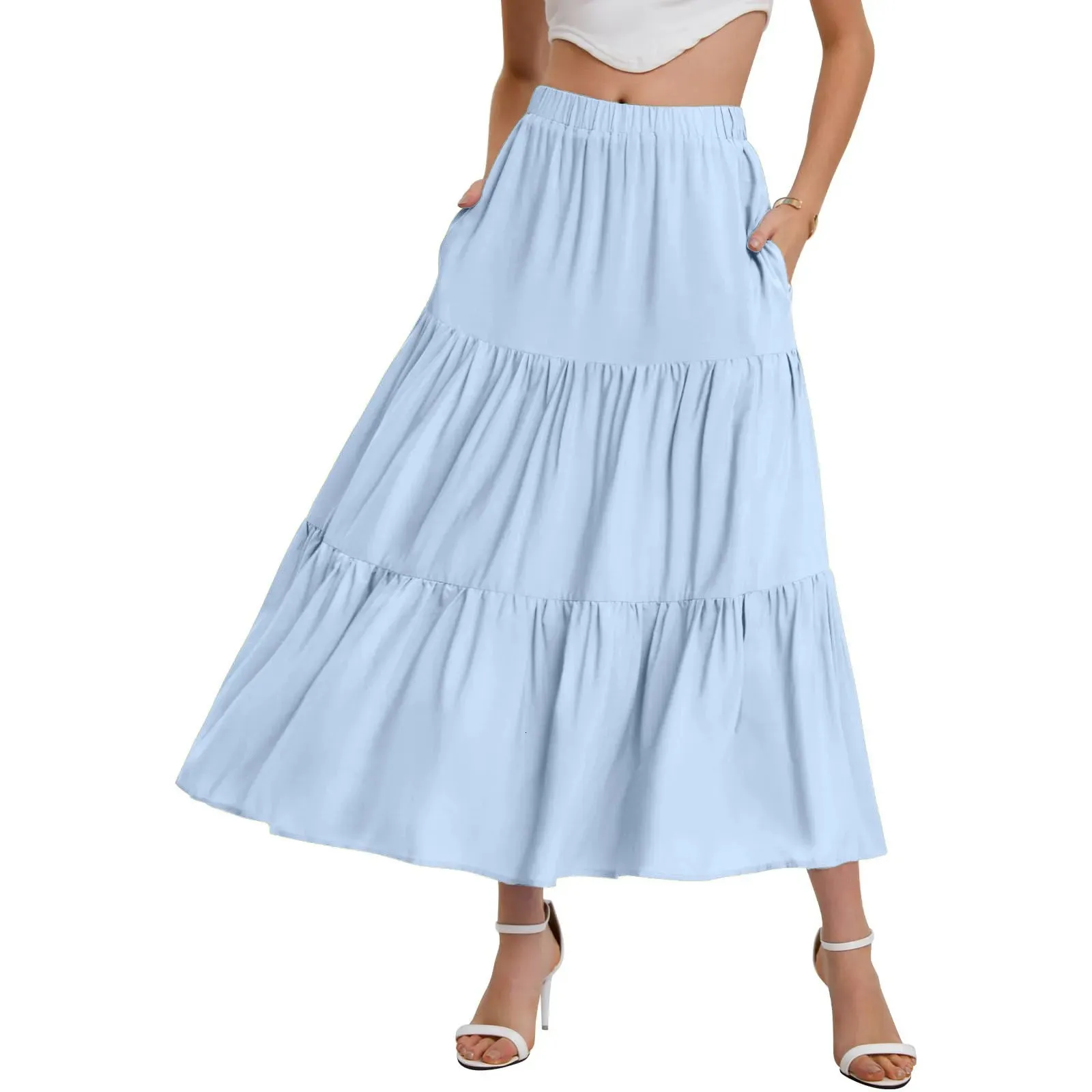 Jupe Longue Bohème Femme à Volants - Taille Haute Élastique - Avec Poches - Style Décontracté Trapèze - 4