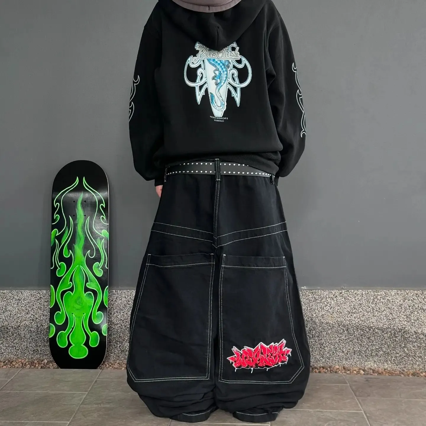 Harajuku Wexwear Embroidered Graphic Skateboard Cargo Jeans Y2K
