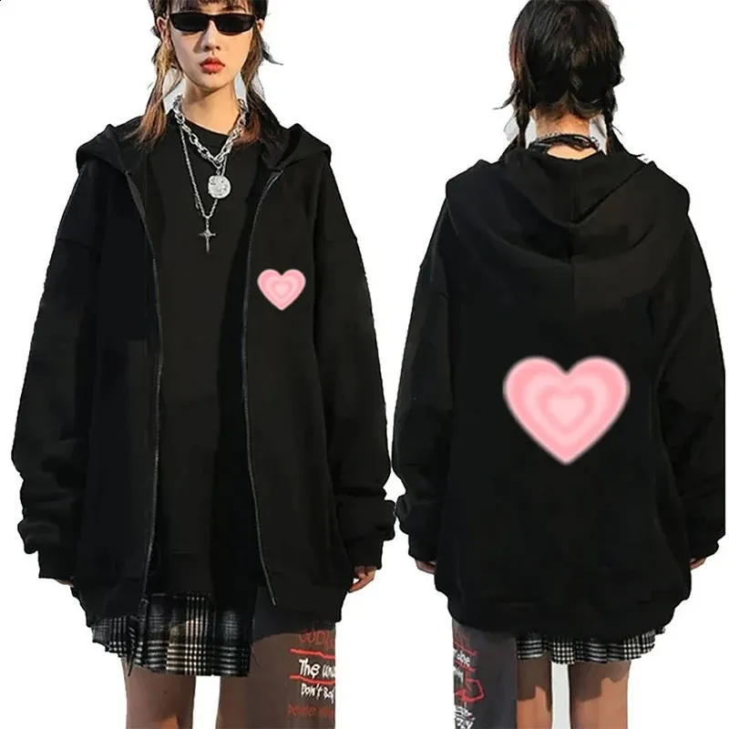 Y2K Heart Graphic Zip Up Hoodie Vintage Autumn Winter Sweatshirt