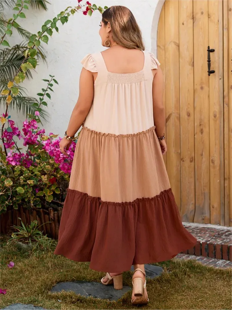 Summer Print Patchwork Modis Dress for Plus Size Women with Square Collar, Ruffle Pleats, and Loose Fit - Style 240806