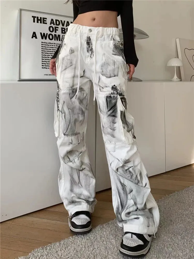 White Wide Leg Denim Trousers: High Waist Cargo Jeans - Y2K