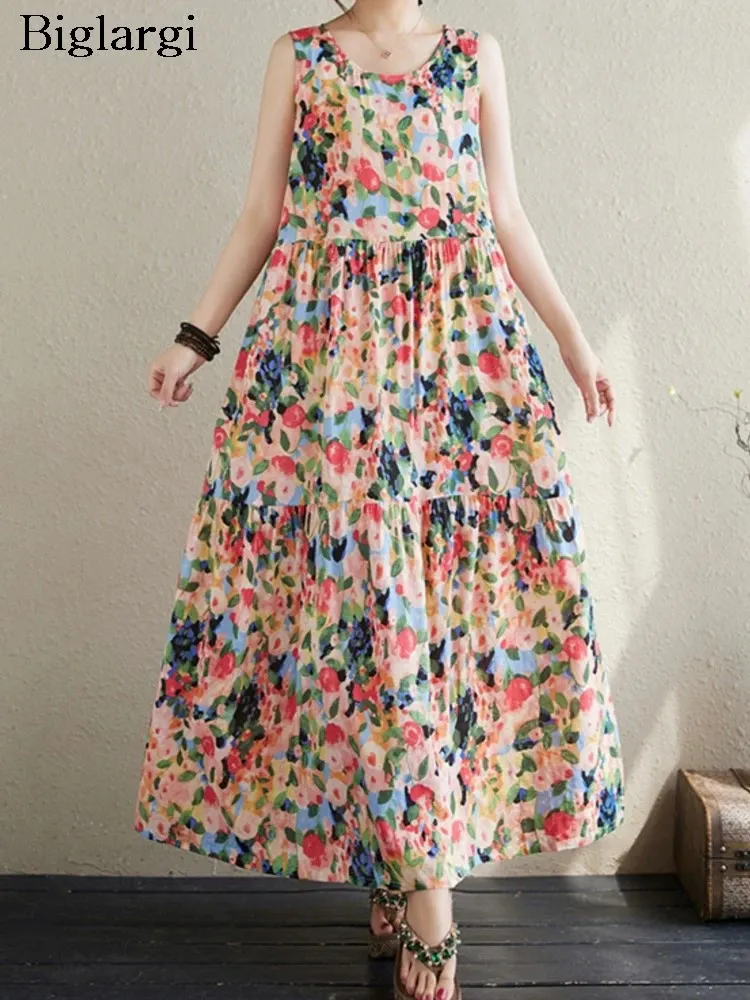 Floral Print Oversized Sleeveless Vests dress with Ruffle Detail - Loose Fit, Pleated, Fashionable Long Vest for Women (240806)