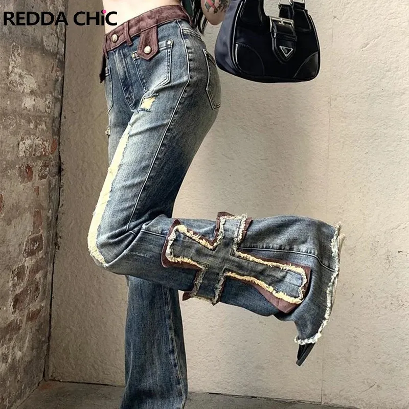 Cross Patchwork Bootcut Pants: High Rise Y2k Flare Jeans