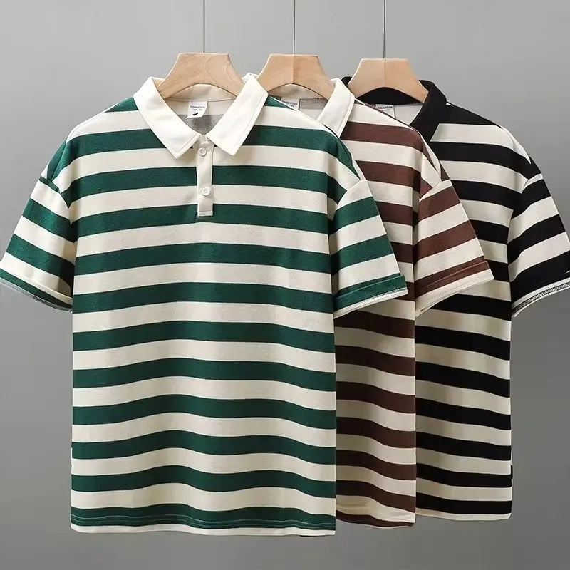 トップス the virgins stripe polo Mens Striped Polo Shirt Short Sleeve, Zipper, Slim Fit