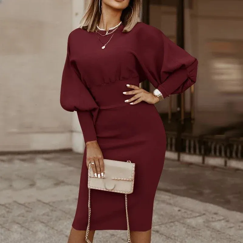 Elegant Women Pencil Dress With Lantern Sleeves Stylish Solid Work