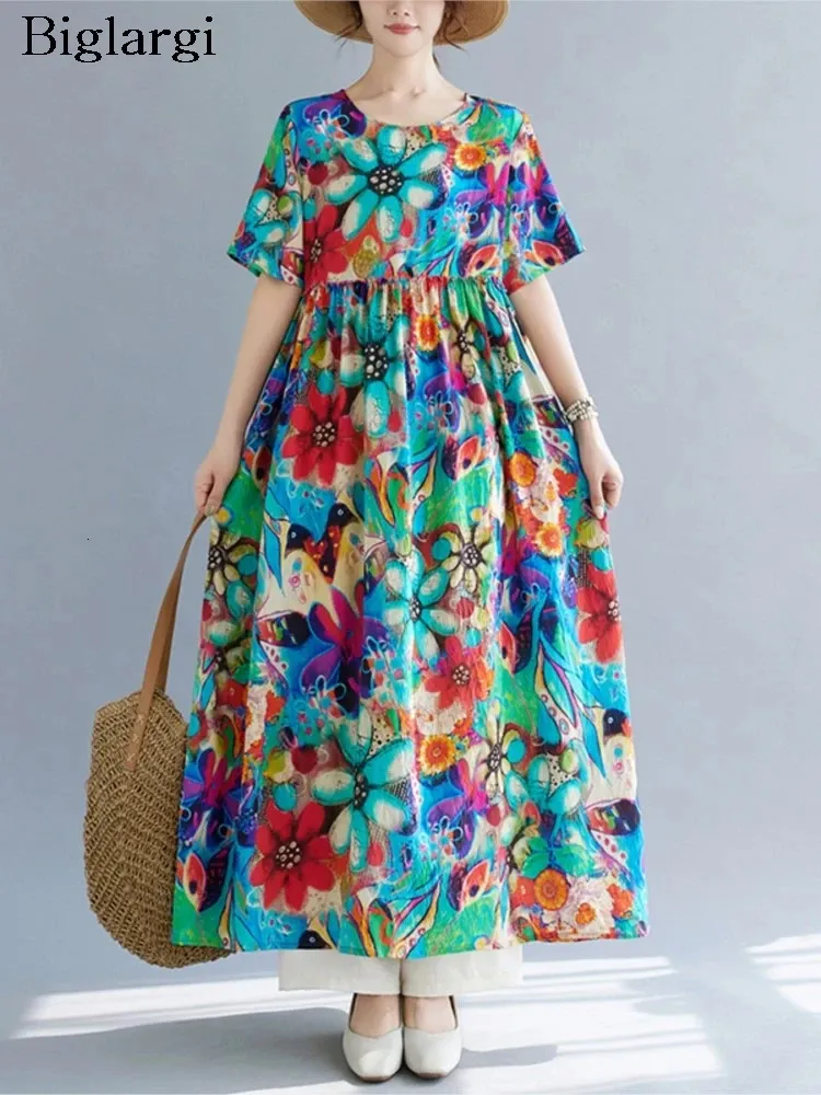 Oversized Summer Long Dress Women Flower Floral Fashion Ruffle Pleated Ladies Casual Loose Short Sleeve Woman Dress 240806