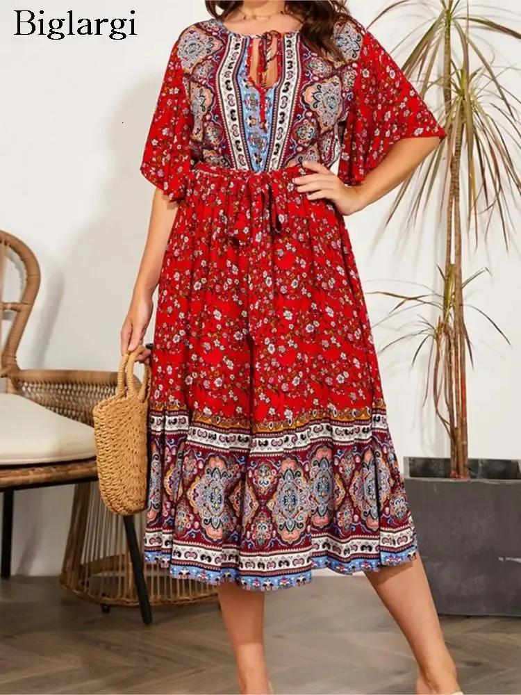 sachin and babi light blue dress SCOMCHIC Plus Size Summer Dress Casual Ruffle Flared Short Sleeve Bow Tie V  Neck Button Down Midi Flowy Dresses main image 0
