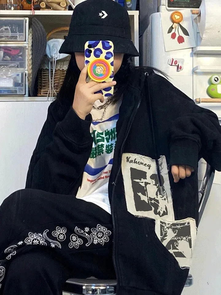 DHgate.com:Retro Patch Zip Up Hoodie: Autumn Fashion Y2K