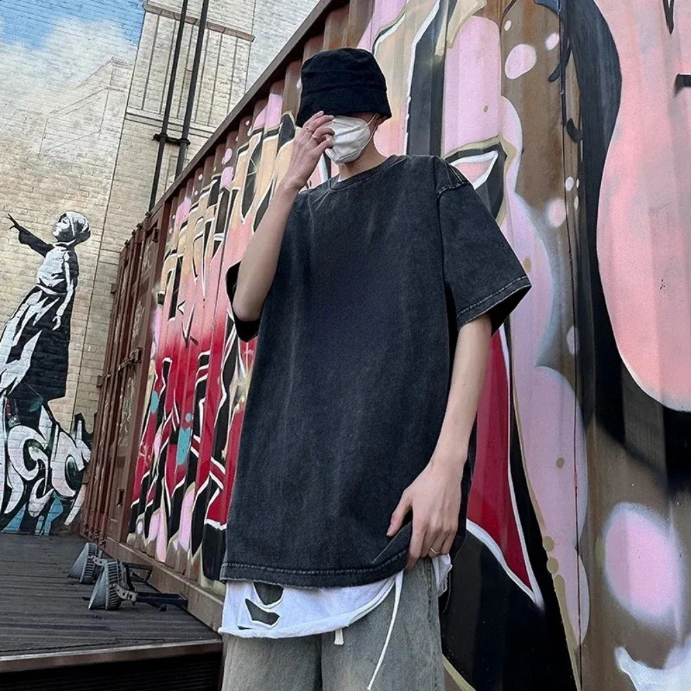 Men's Oversized Cotton T-Shirt - Half Short Sleeve Loose Streetwear Top In Apricot, Large Size