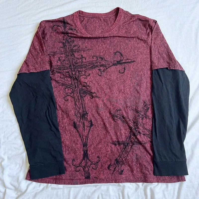 DHgate.com:Gothic Cross Patchwork Long Sleeve T-Shirt: Y2K