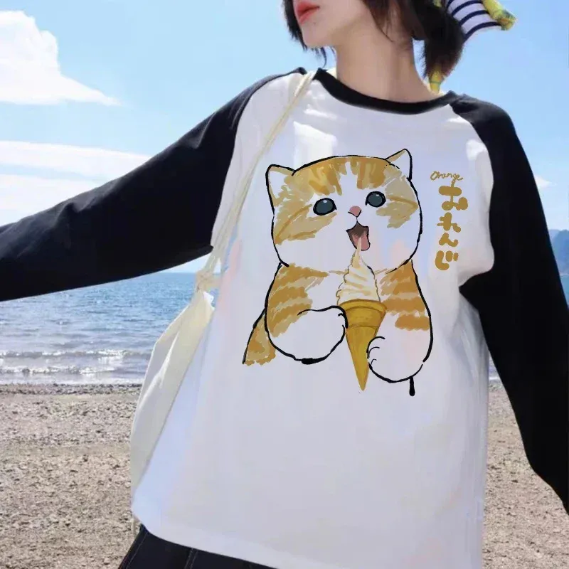 Unisex Kawaii Anime Cat T-Shirt - Japanese Cute Cartoon Graphic Tee, Preppy Style, Short Sleeve, Yellow, Size Small
