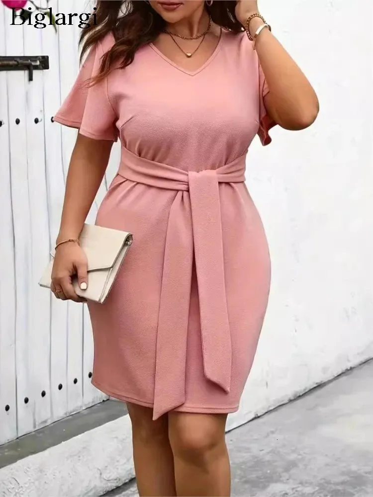 Summer Pink Bodycon Mini dress for Plus Size Women - Slim Fit, Ruffle Closure, Short Sleeves, Pleated V-Neck, Fashionable Ladies dress (240806)