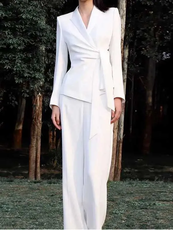 Elegant Womens Suit Set Autumn White Blazer Wide Leg Trousers