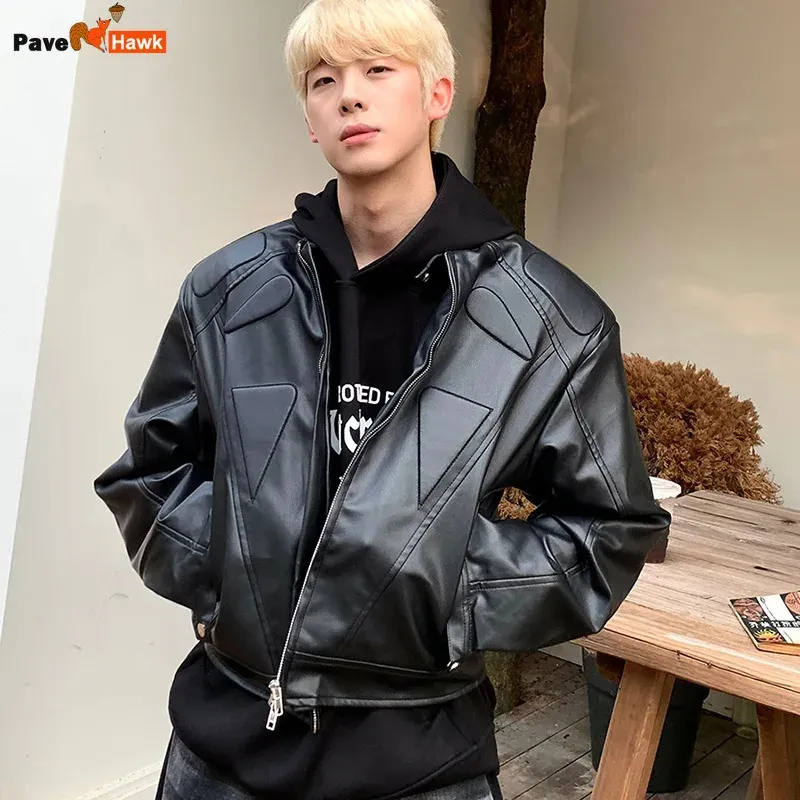 Save Big on Bulk Mens Korean Leather Jacket Mens Faux Leather Biker Jacket  Korean Style PU Bomber With Shoulder Pads, Streetwear Retro Racing Jacket 