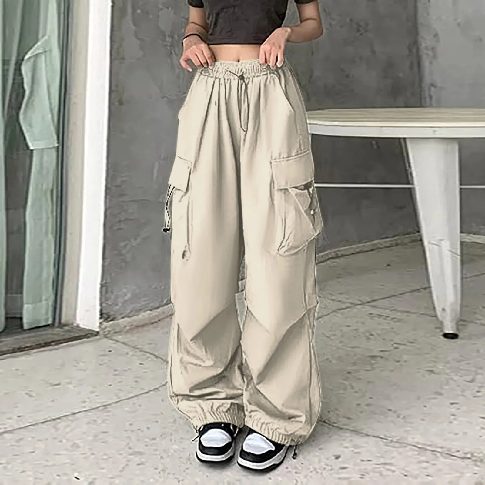 Women's Baggy Cargo Pants Streetwear Hip Hop Sweatpants, Drawstring  Waist, Casual Loose Fit, Wide Leg Trousers