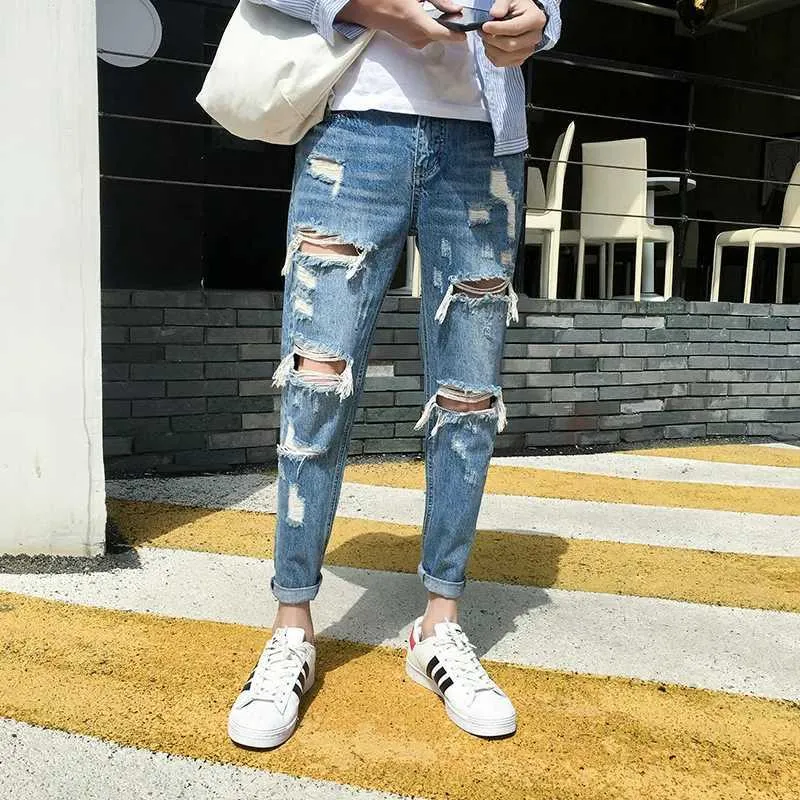Korean Ripped Jeans Outfit Men Summer Slim Fit Ripped Jeans Korean