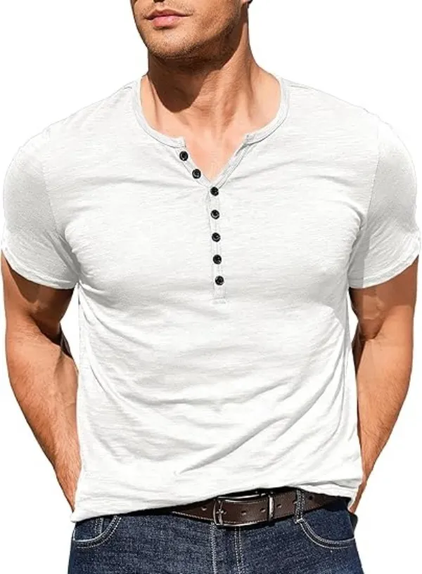 NITAGUT T-shirts voor Heren Korte Mouwen V-hals Knoopsluiting Mannen Henley T-shirts Zomer Casual Slim Fit Tops, blauw, L