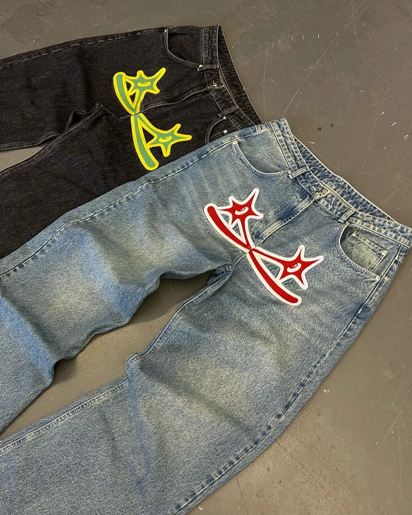 Men's Y2k Hip Hop Denim Pants - Gothic Cross Star Print, Baggy Fit, Blue Black, Streetwear Men's Y2k Hip Hop Denim Pants - Gothic Cross Star Print, Baggy Fit, Blue Black, Streetwear