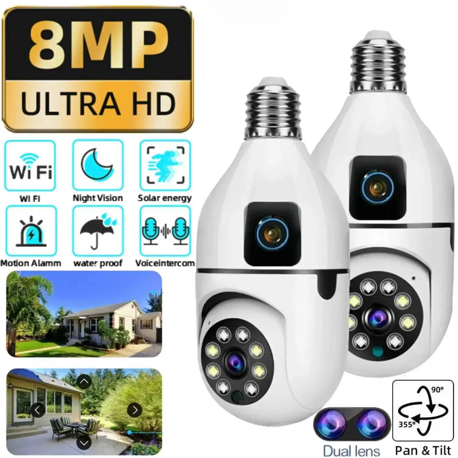 8MP Dual Lens Lightbulb Socket Camera: Color Night Vision, AI Tracking ...