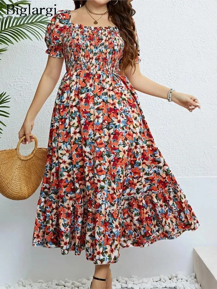fitted lace wedding dress Plus Size Boho Floral Print Maxi Dress Tangerine / 2XL main image 0